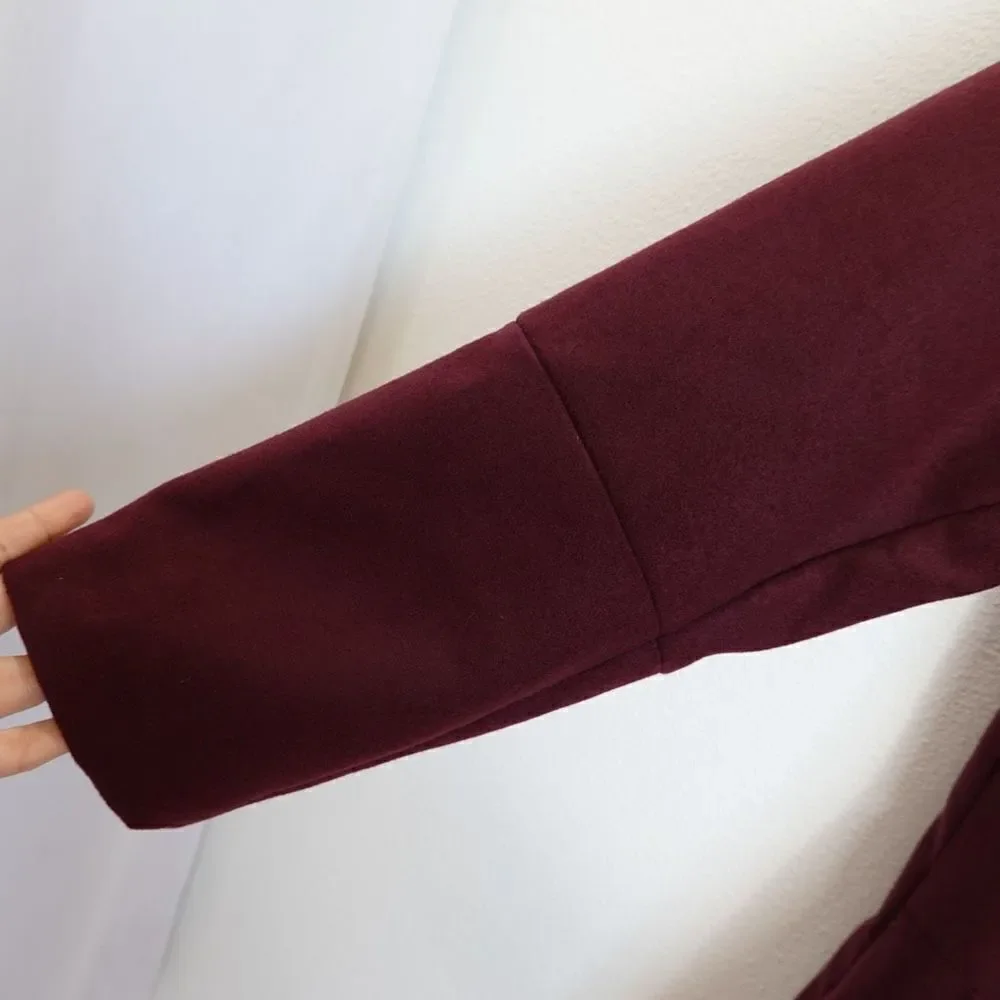 H by Halston Knee Length Snap Front Coat with Notch Collar Maroon Burgundy Size